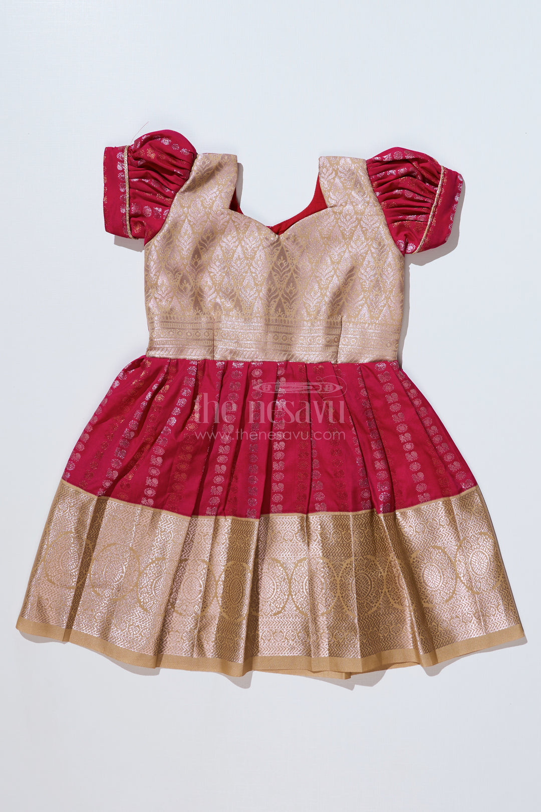 Girls Gold and Red Pattu Pavadai with Intricate Zari Border and Elegant Pleated Design