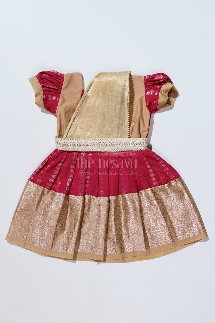 Girls Gold and Red Pattu Pavadai with Intricate Zari Border and Elegant Pleated Design