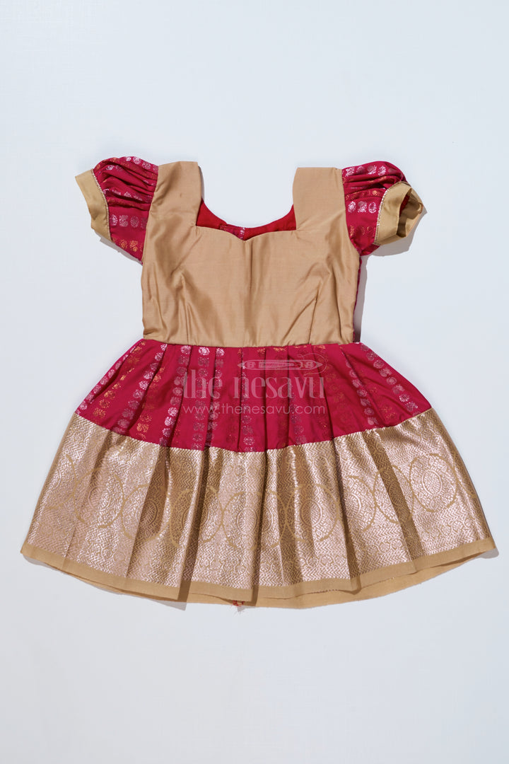 Girls Gold and Red Pattu Pavadai with Intricate Zari Border and Elegant Pleated Design