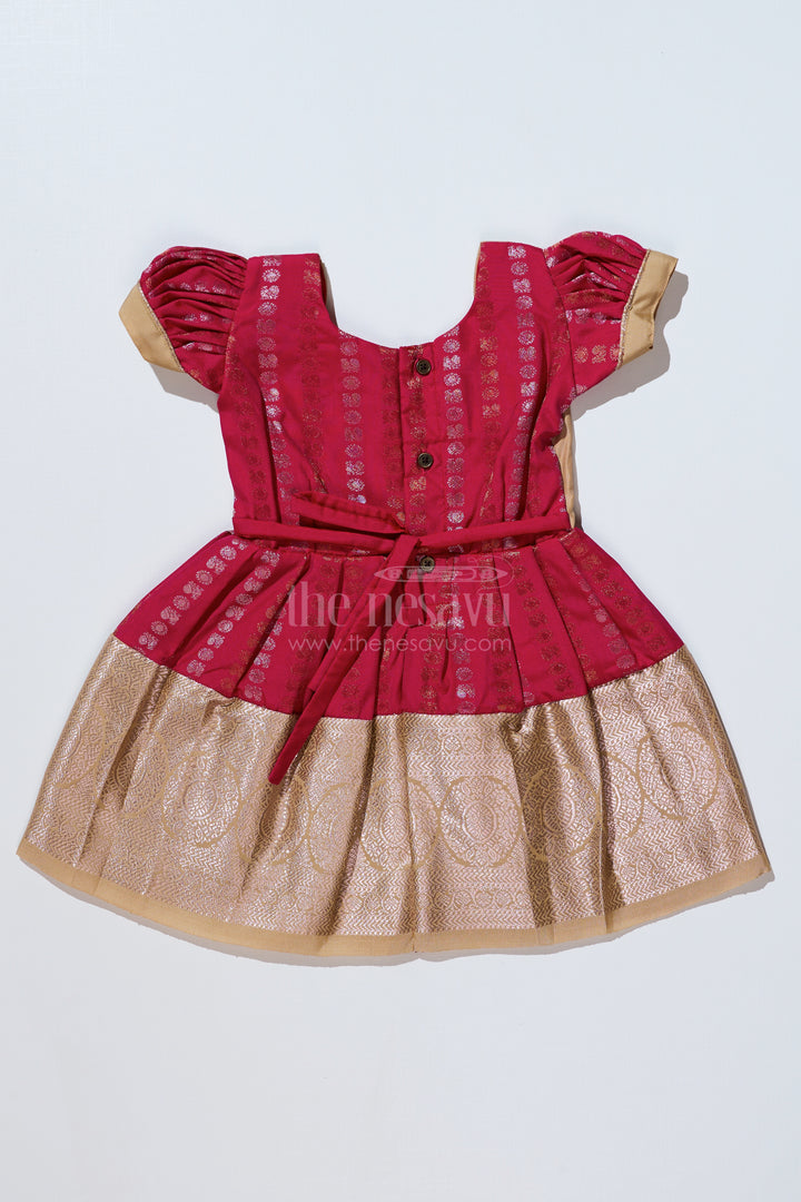 Girls Gold and Red Pattu Pavadai with Intricate Zari Border and Elegant Pleated Design