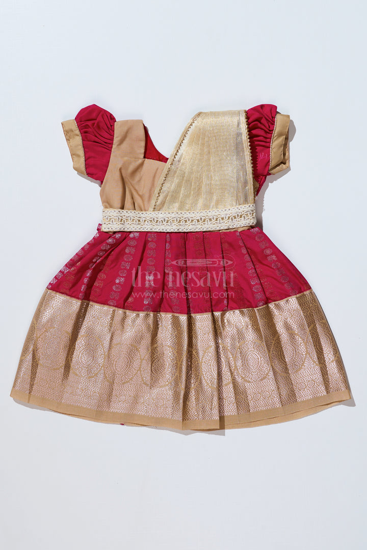 Girls Gold and Red Pattu Pavadai with Intricate Zari Border and Elegant Pleated Design