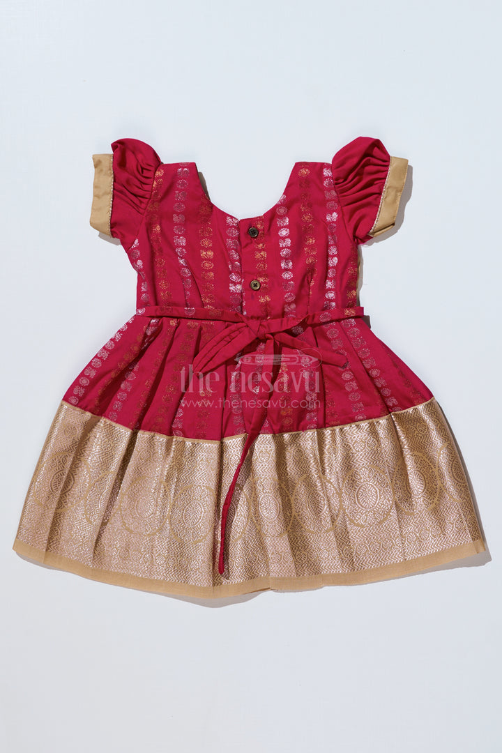 Girls Gold and Red Pattu Pavadai with Intricate Zari Border and Elegant Pleated Design