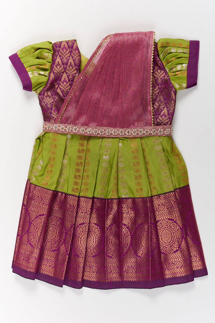 Vibrant Green and Maroon Infant Pattu Pavadai for Baby Girls with Zari Borders