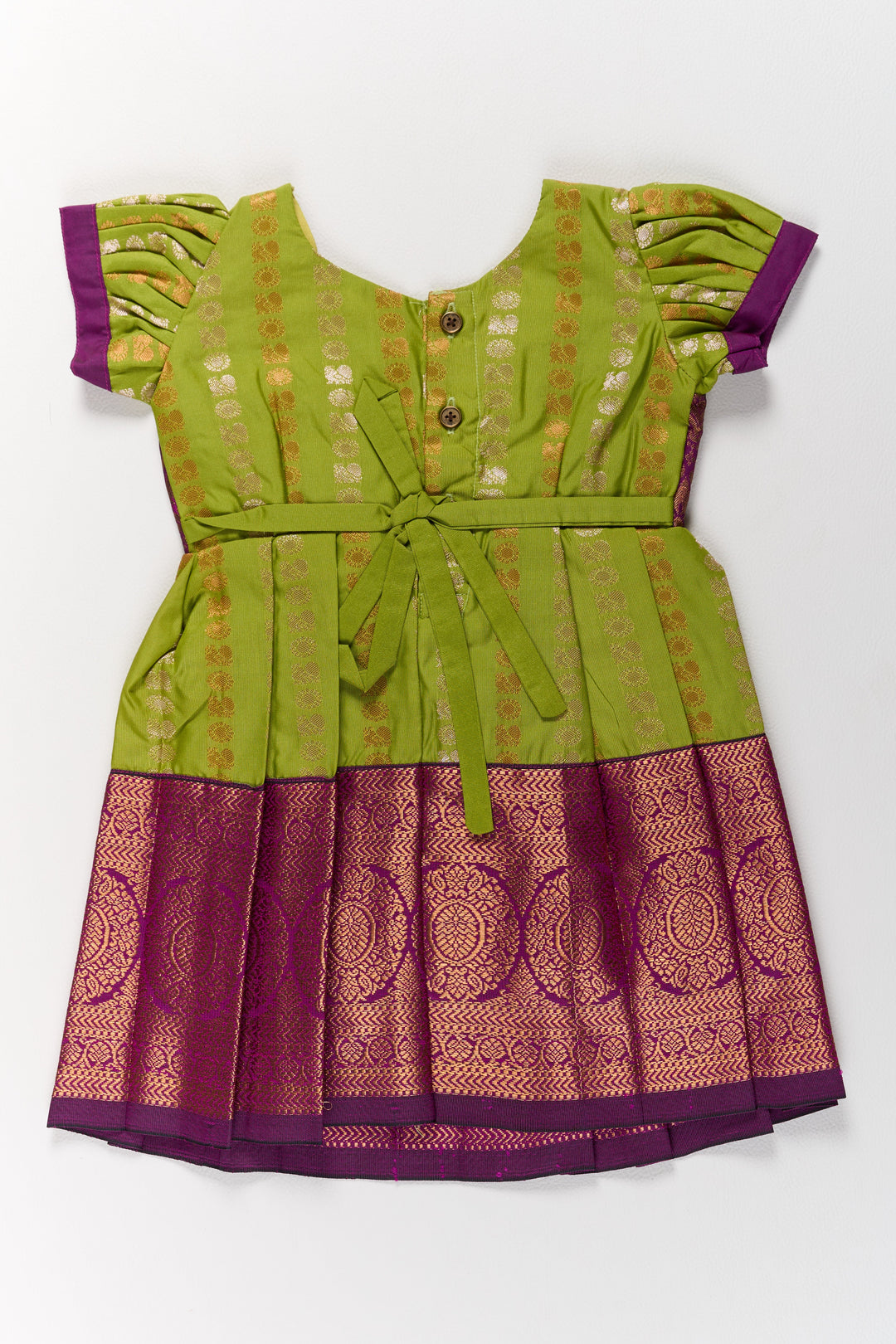 Vibrant Green and Maroon Infant Pattu Pavadai for Baby Girls with Zari Borders