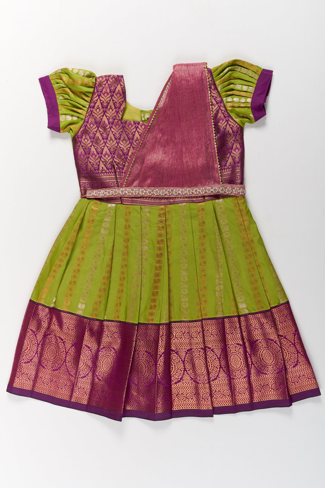 Vibrant Green and Maroon Infant Pattu Pavadai for Baby Girls with Zari Borders