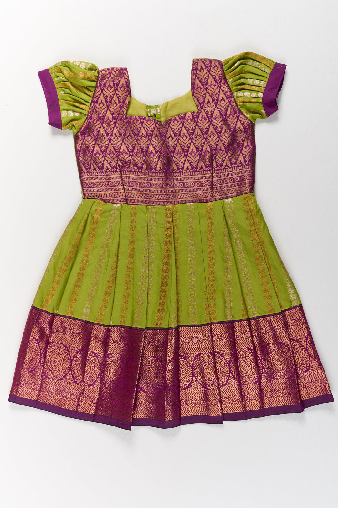 Vibrant Green and Maroon Infant Pattu Pavadai for Baby Girls with Zari Borders