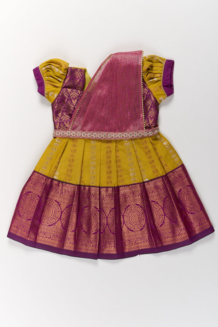 Mustard and Maroon Pattu Pavadai for Girls with Elegant Zari Motifs