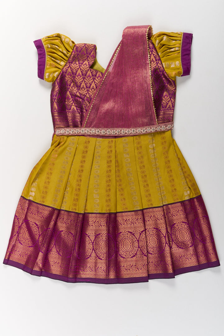 Mustard and Maroon Pattu Pavadai for Girls with Elegant Zari Motifs