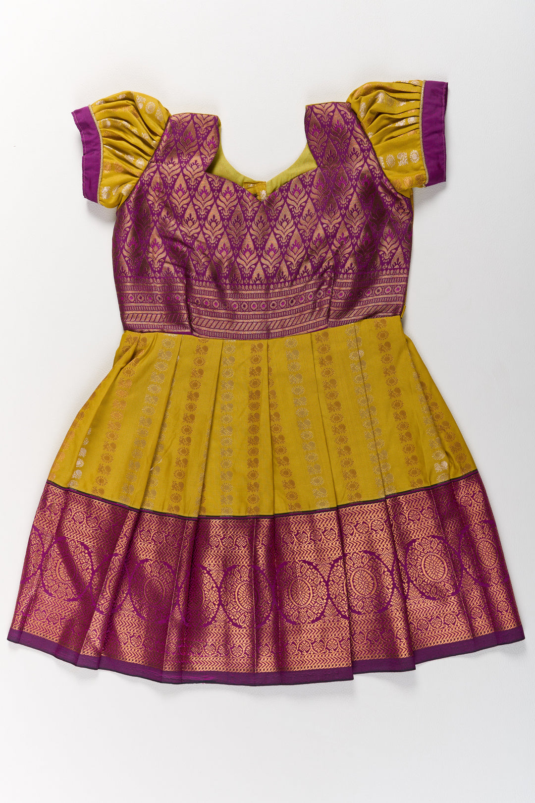 Mustard and Maroon Pattu Pavadai for Girls with Elegant Zari Motifs