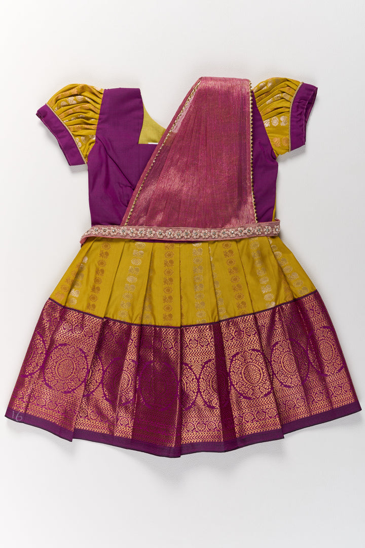 Mustard and Maroon Pattu Pavadai for Girls with Elegant Zari Motifs