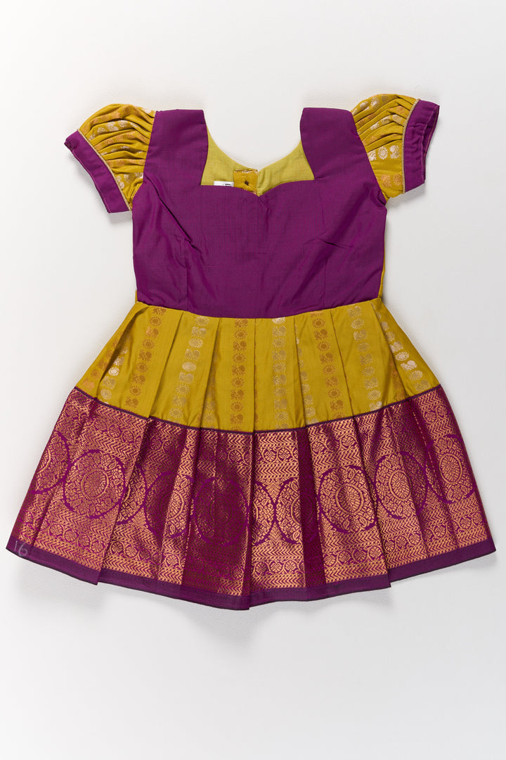 Mustard and Maroon Pattu Pavadai for Girls with Elegant Zari Motifs