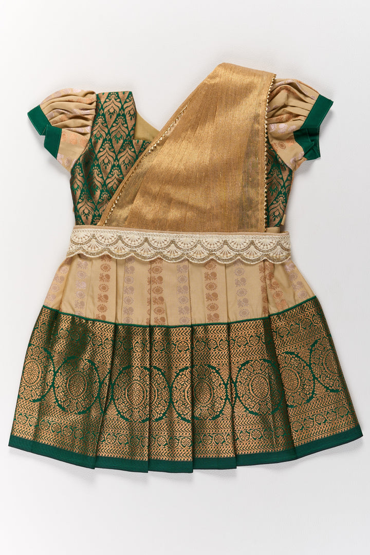 Elegant Cream and Green Pattu Pavadai for Girls with Traditional Zari Accents