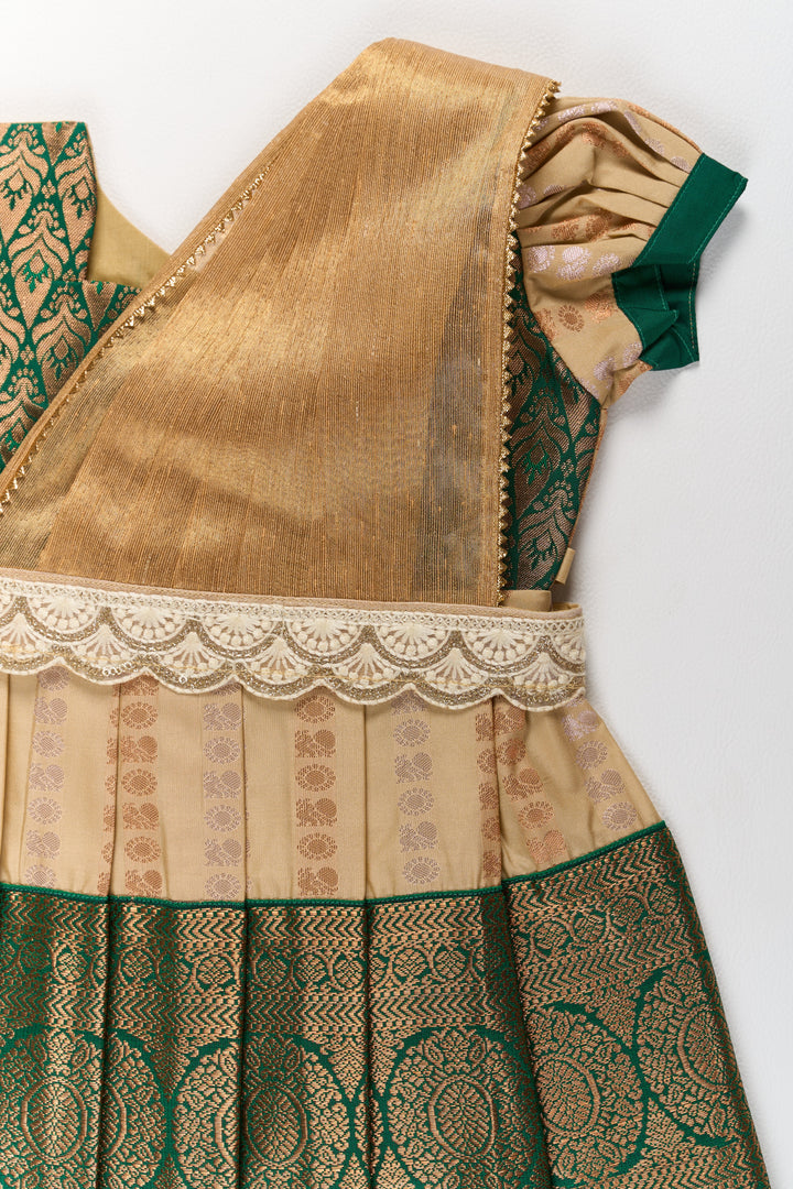 Elegant Cream and Green Pattu Pavadai for Girls with Traditional Zari Accents