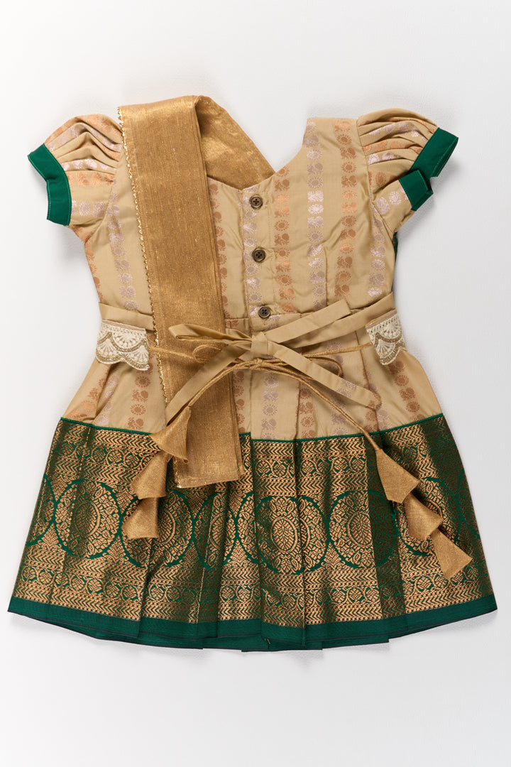 Elegant Cream and Green Pattu Pavadai for Girls with Traditional Zari Accents