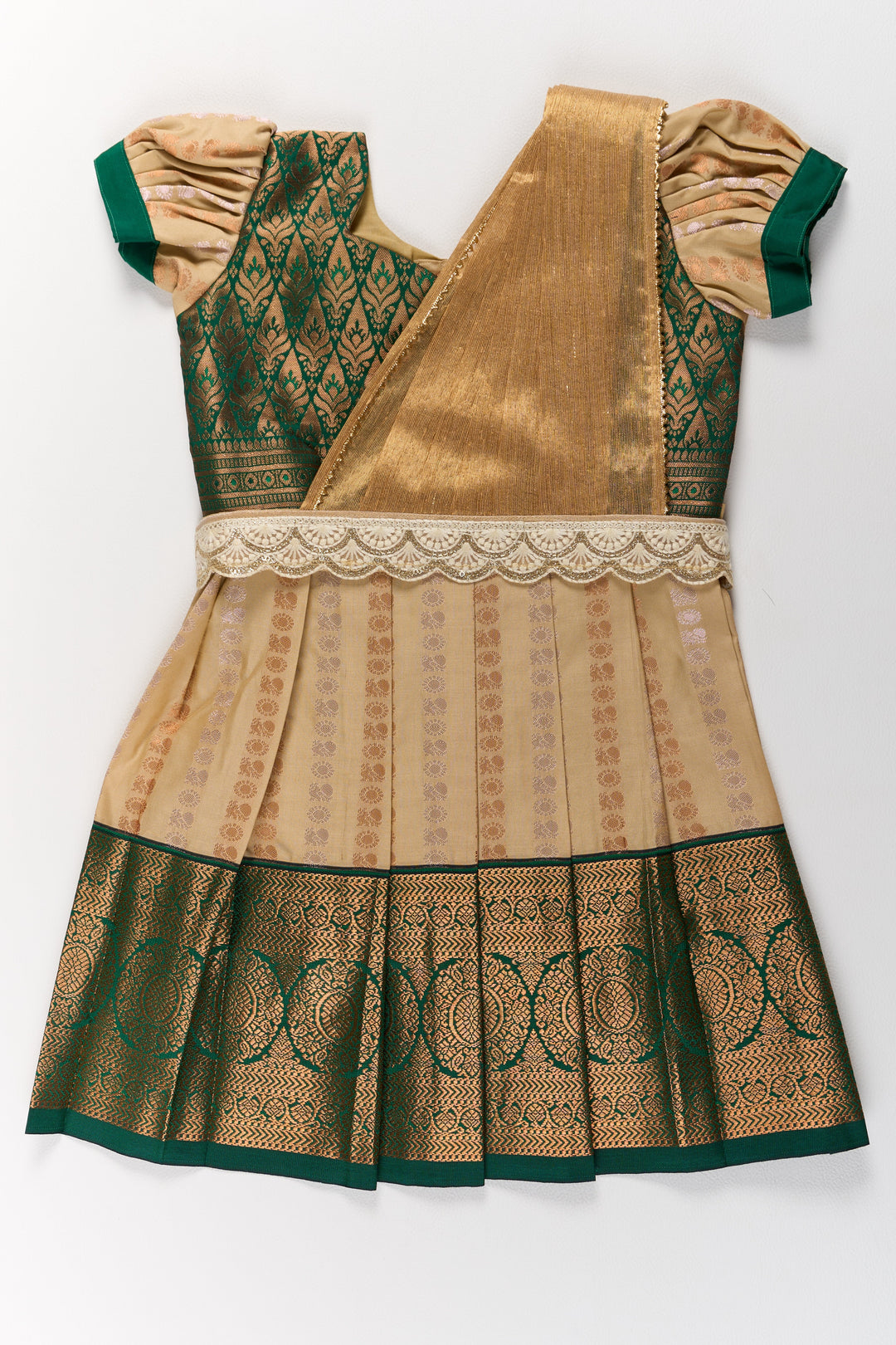 Elegant Cream and Green Pattu Pavadai for Girls with Traditional Zari Accents