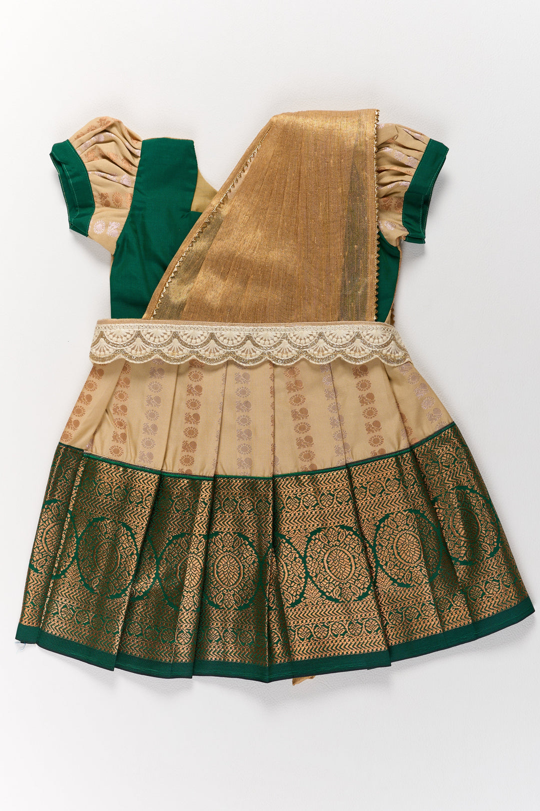 Elegant Cream and Green Pattu Pavadai for Girls with Traditional Zari Accents