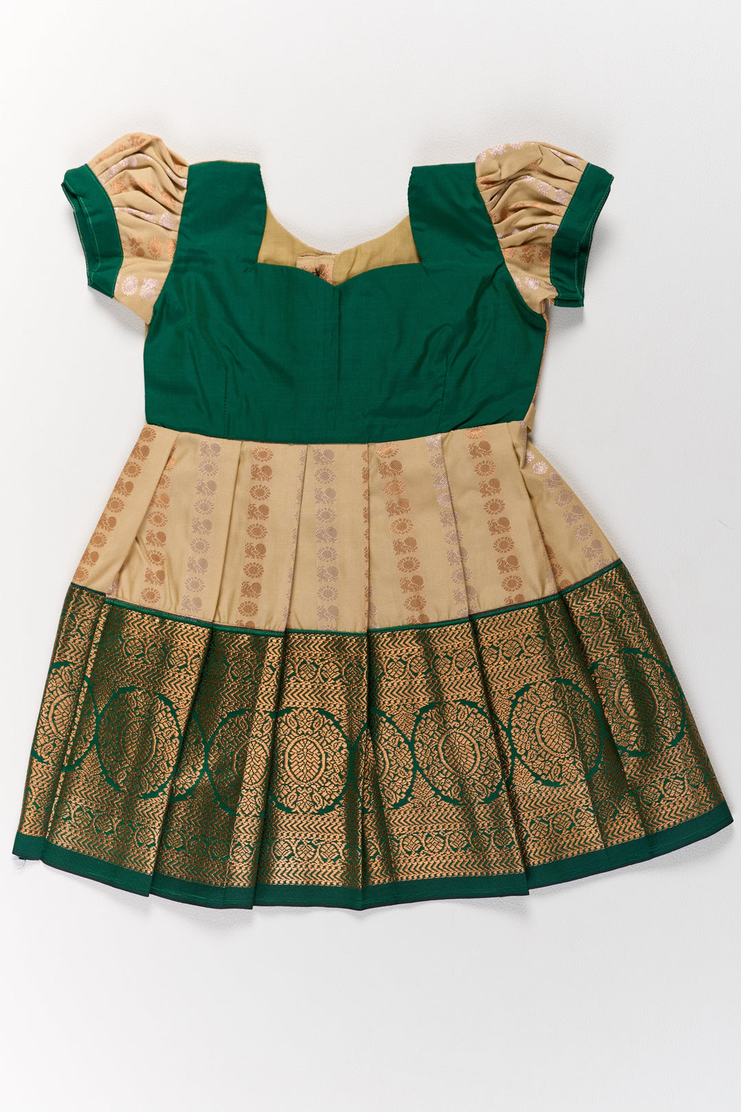 Elegant Cream and Green Pattu Pavadai for Girls with Traditional Zari Accents