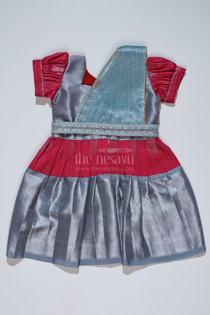 Girls Red and Silver Pattu Pavadai with Zari Border and Elegant Pleated Skirt Available Online