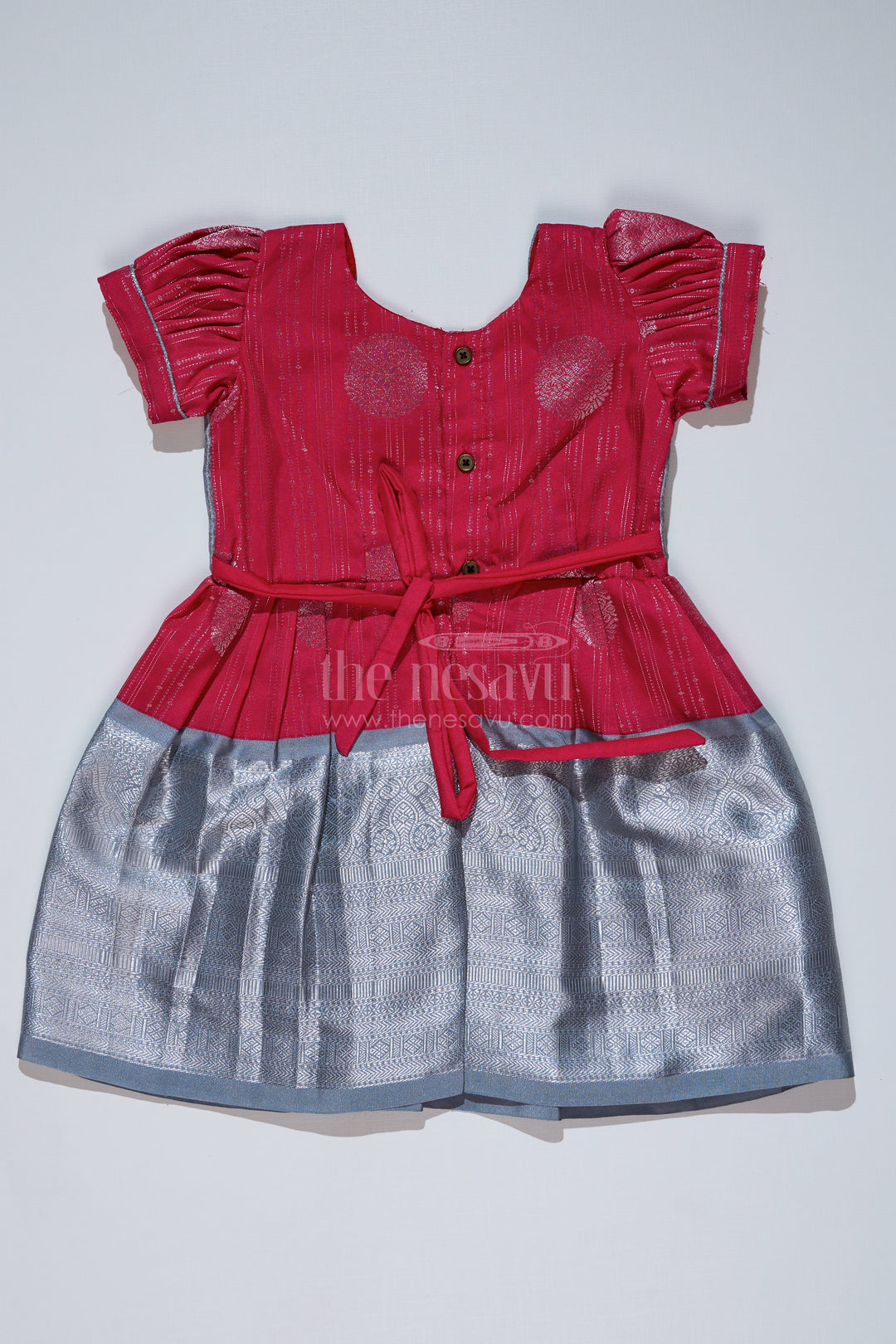 Girls Red and Silver Pattu Pavadai with Zari Border and Elegant Pleated Skirt Available Online