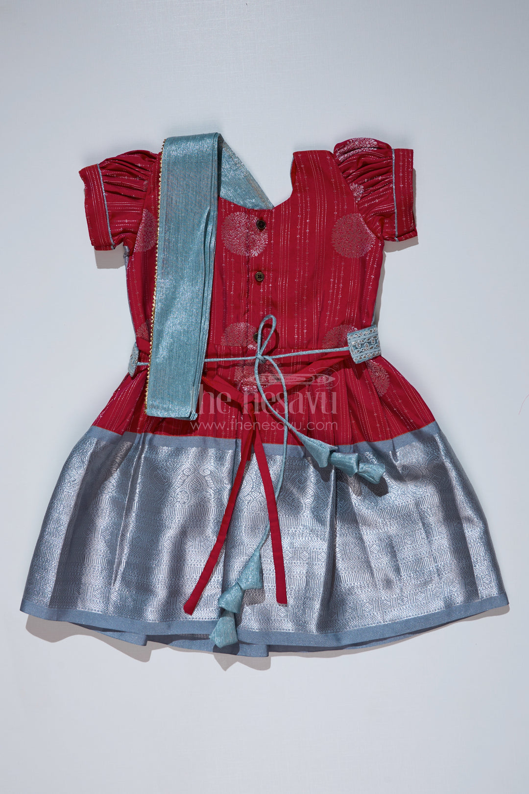 Girls Red and Silver Pattu Pavadai with Zari Border and Elegant Pleated Skirt Available Online