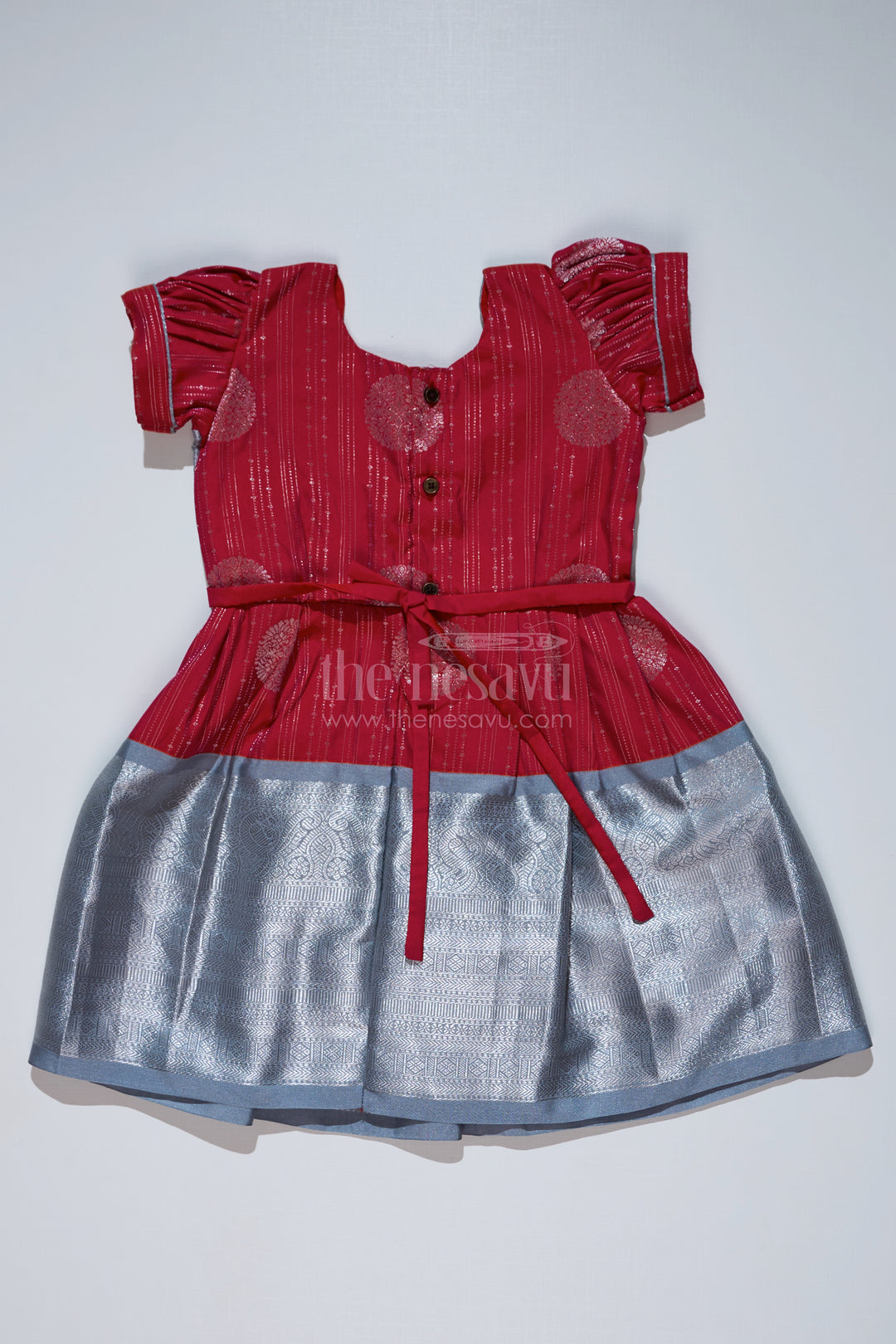 Girls Red and Silver Pattu Pavadai with Zari Border and Elegant Pleated Skirt Available Online