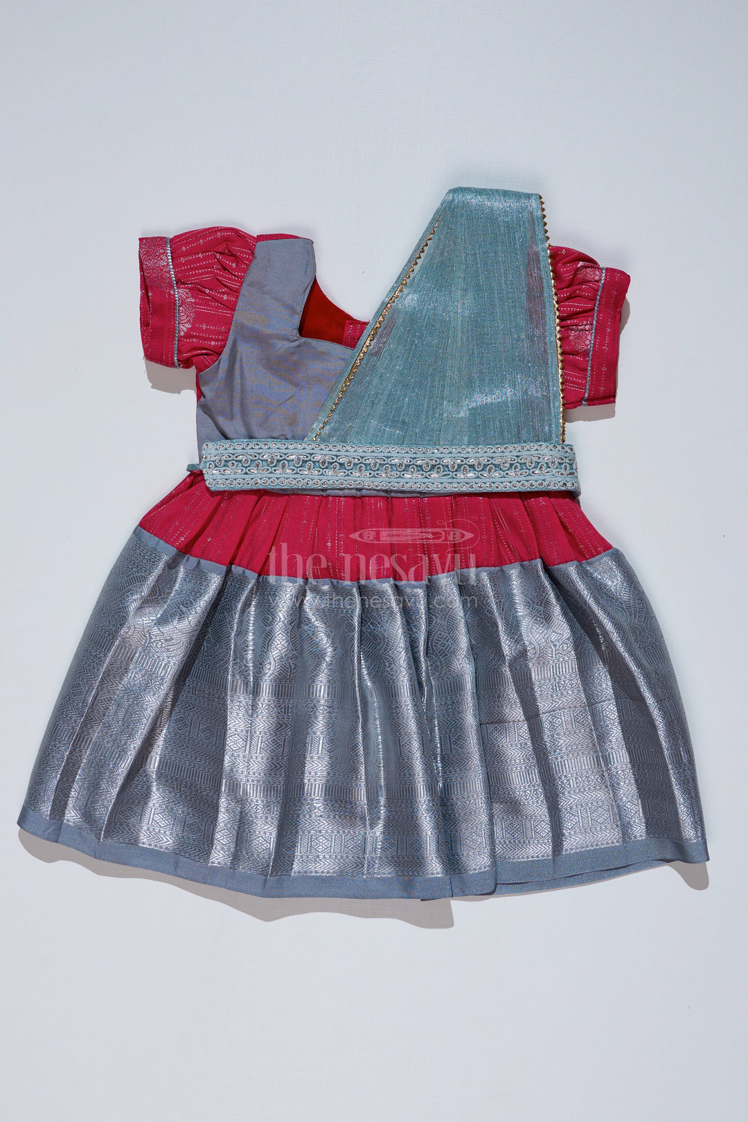 Girls Red and Silver Pattu Pavadai with Zari Border and Elegant Pleated Skirt Available Online