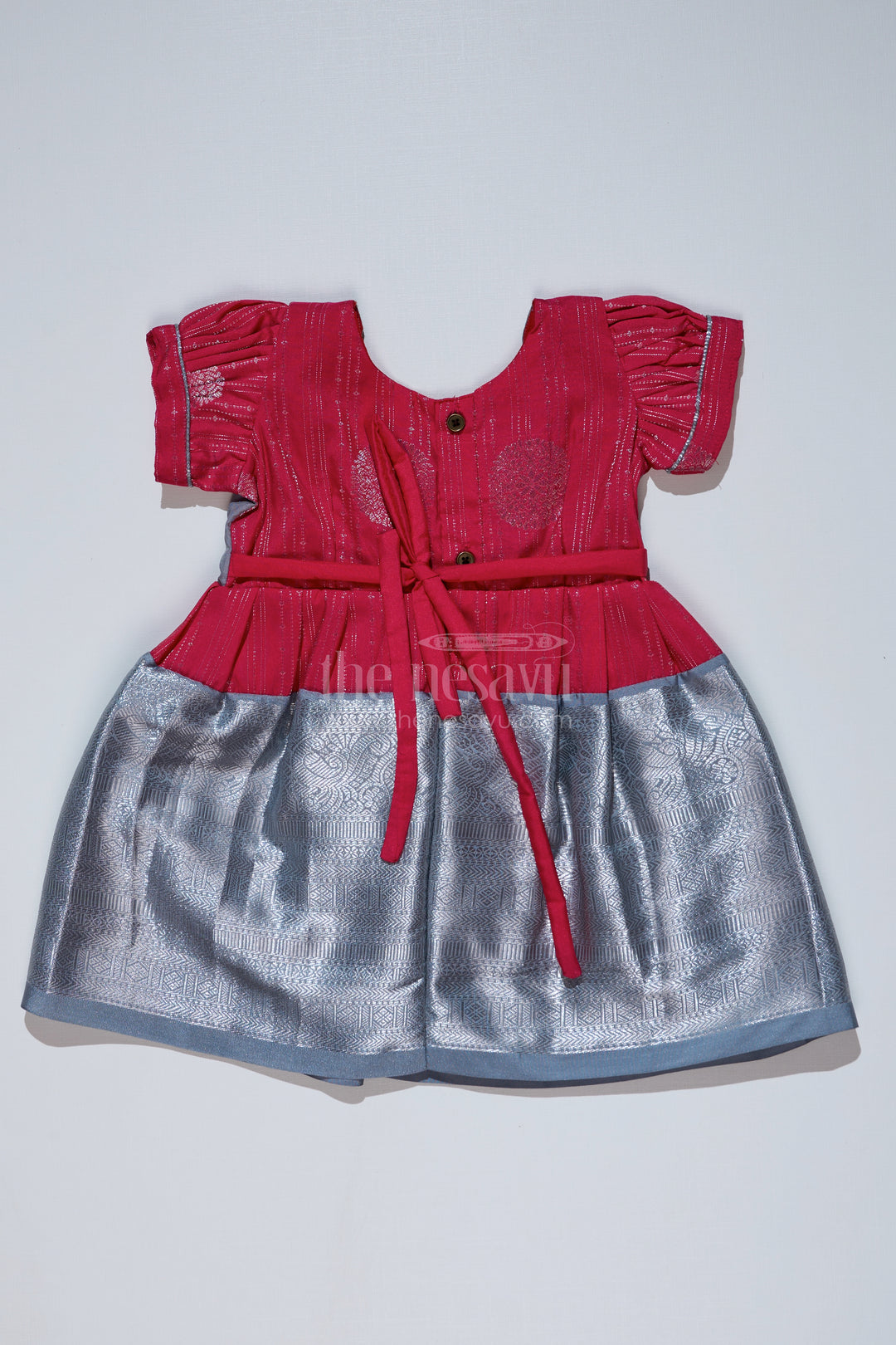 Girls Red and Silver Pattu Pavadai with Zari Border and Elegant Pleated Skirt Available Online