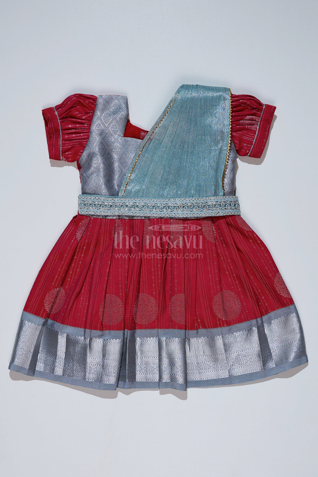 Girls Red and Silver Pattu Pavadai with Zari Border and Elegant Pleated Skirt Available Online