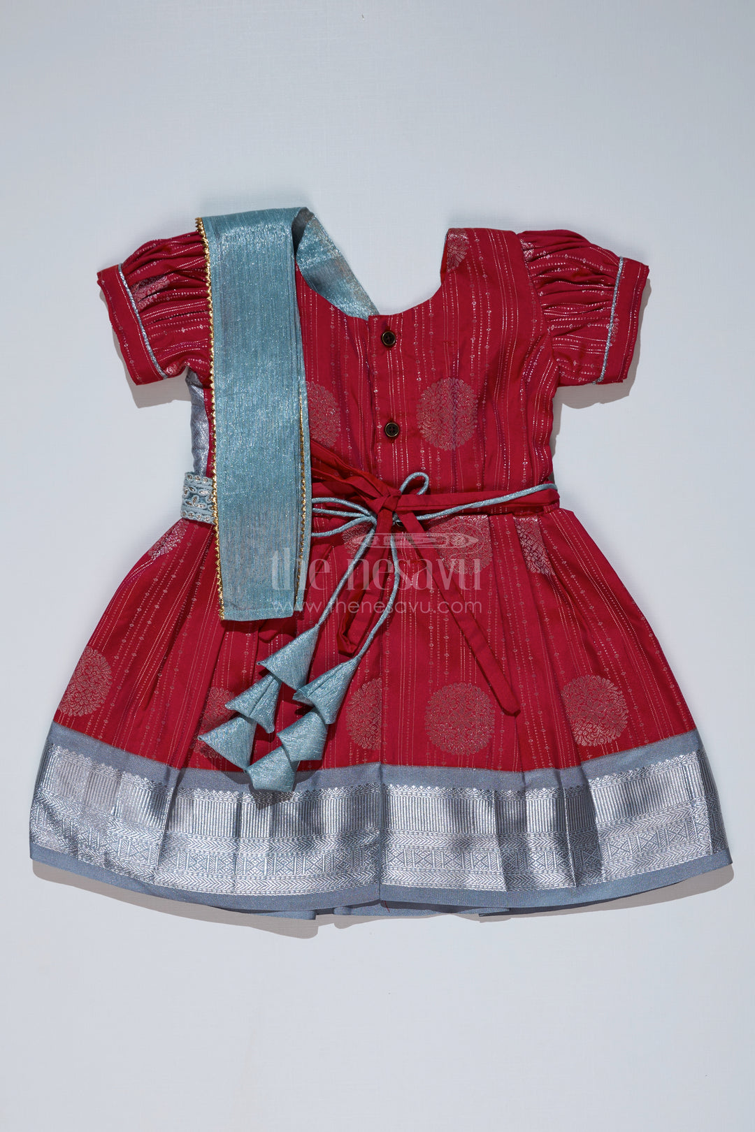 Girls Red and Silver Pattu Pavadai with Zari Border and Elegant Pleated Skirt Available Online