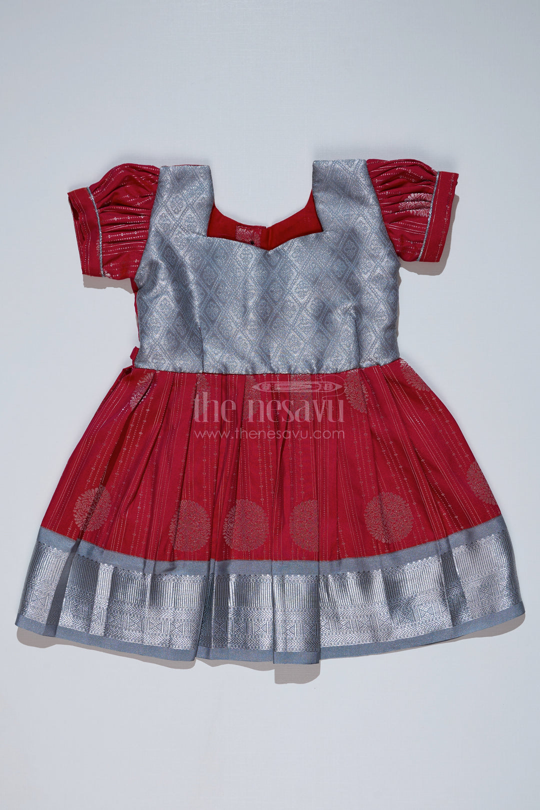 Girls Red and Silver Pattu Pavadai with Zari Border and Elegant Pleated Skirt Available Online