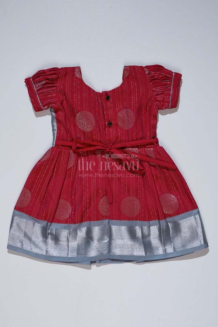 Girls Red and Silver Pattu Pavadai with Zari Border and Elegant Pleated Skirt Available Online