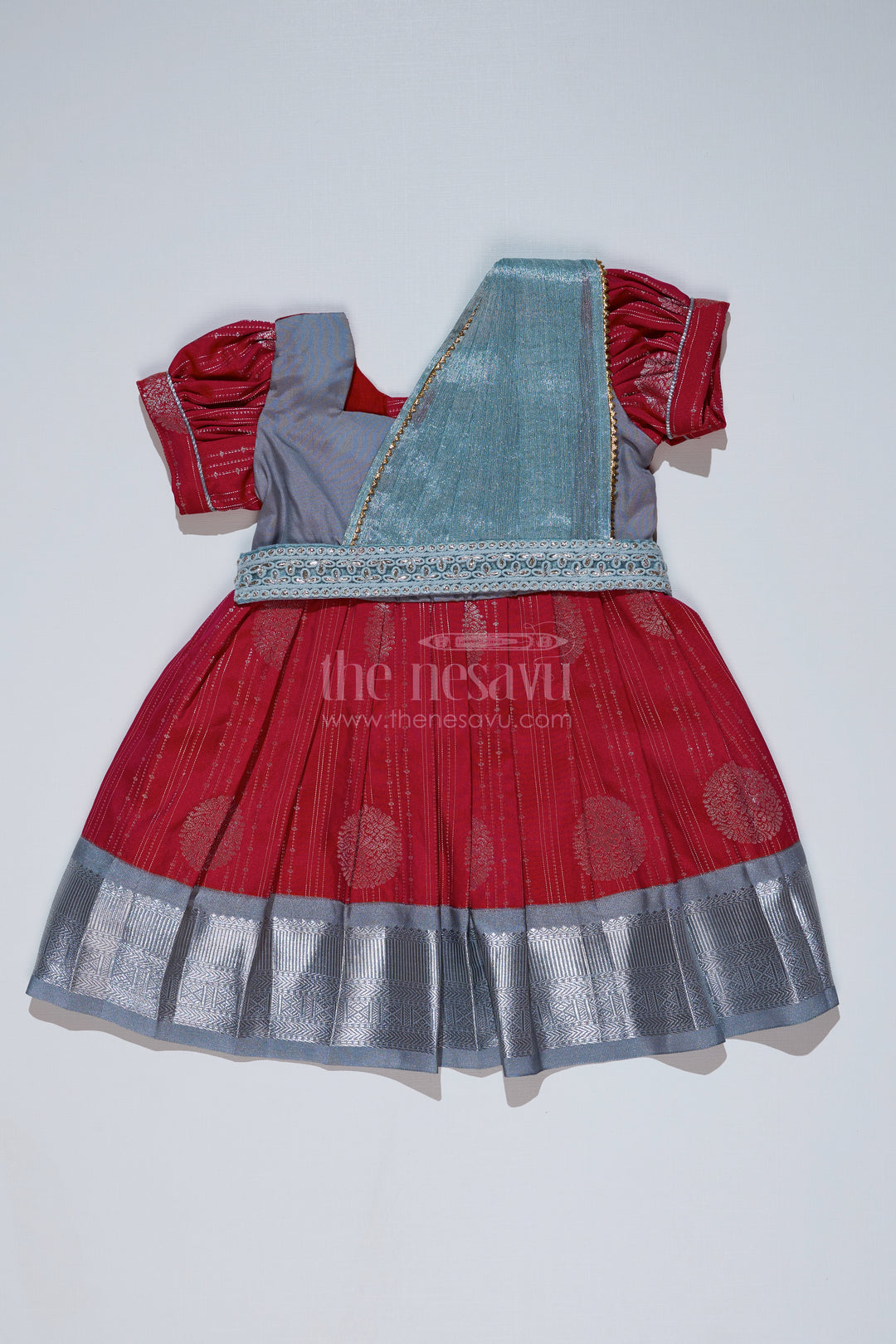 Girls Red and Silver Pattu Pavadai with Zari Border and Elegant Pleated Skirt Available Online