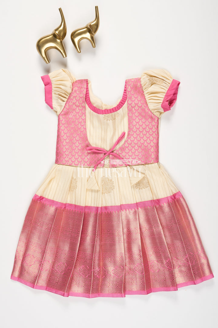 Cream and Pink Semi Kanchivaram Silk Frock with Brocade Bodice and Puff Sleeves for Girls