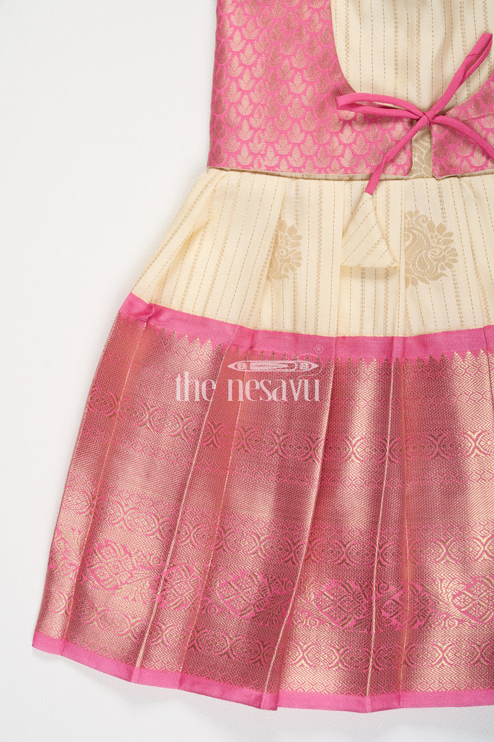 Cream and Pink Semi Kanchivaram Silk Frock with Brocade Bodice and Puff Sleeves for Girls