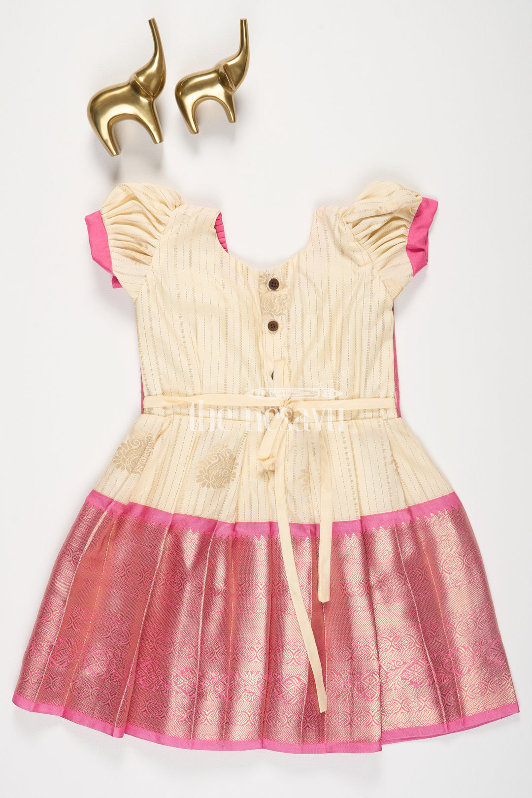 Cream and Pink Semi Kanchivaram Silk Frock with Brocade Bodice and Puff Sleeves for Girls