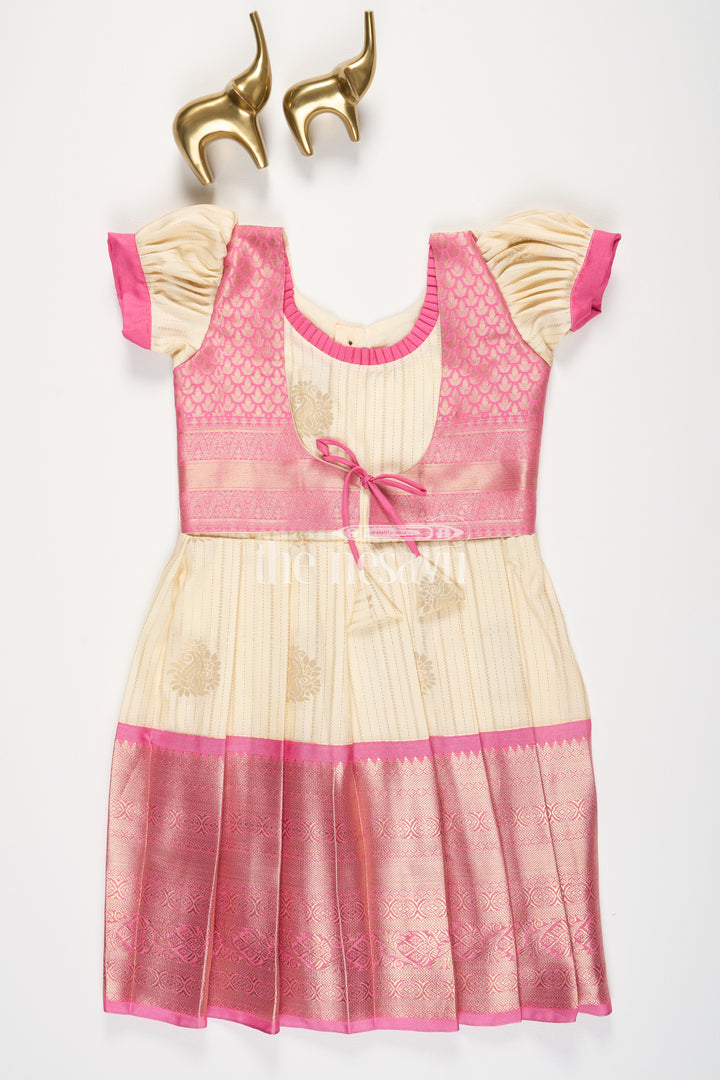 Cream and Pink Semi Kanchivaram Silk Frock with Brocade Bodice and Puff Sleeves for Girls