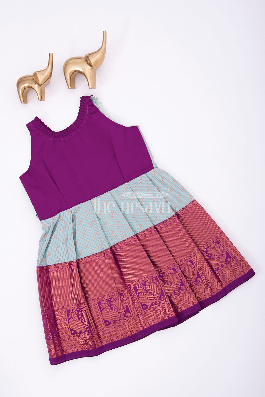 Miniature Majesty: Pattu Silk Frock in Blue and Purple for Girls