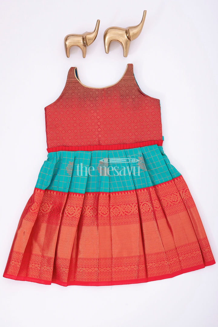 Graceful Beginnings: Red and Blue Pure Silk Frock for Girls