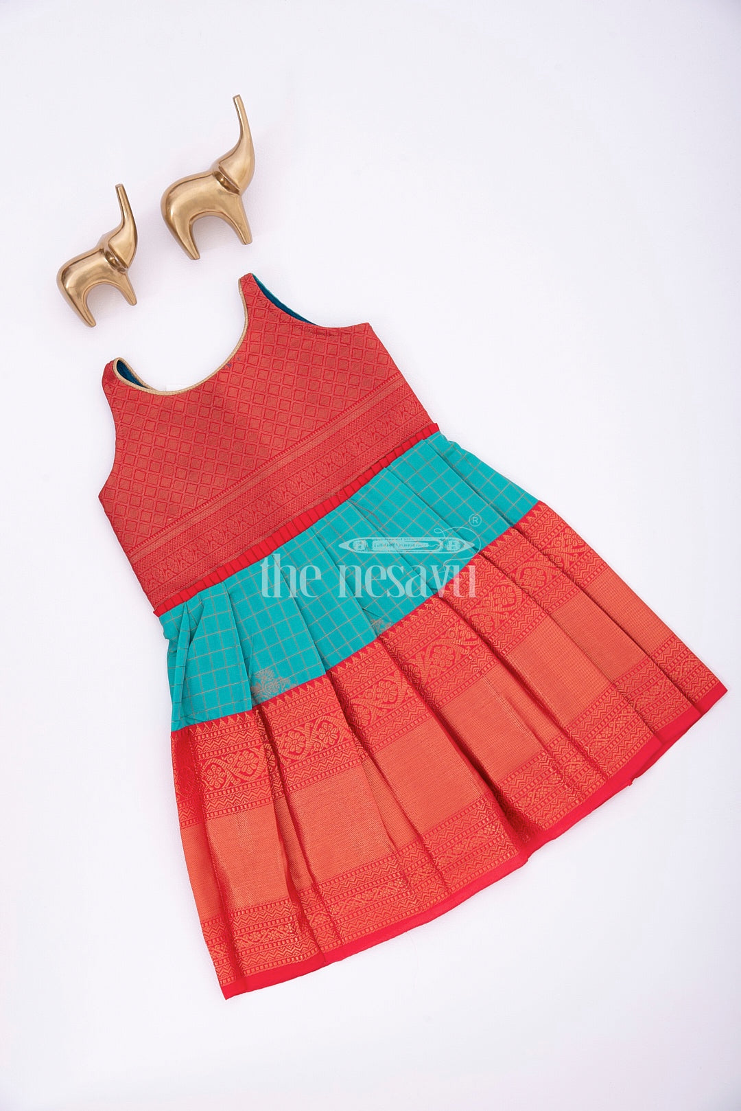 Graceful Beginnings: Red and Blue Pure Silk Frock for Girls