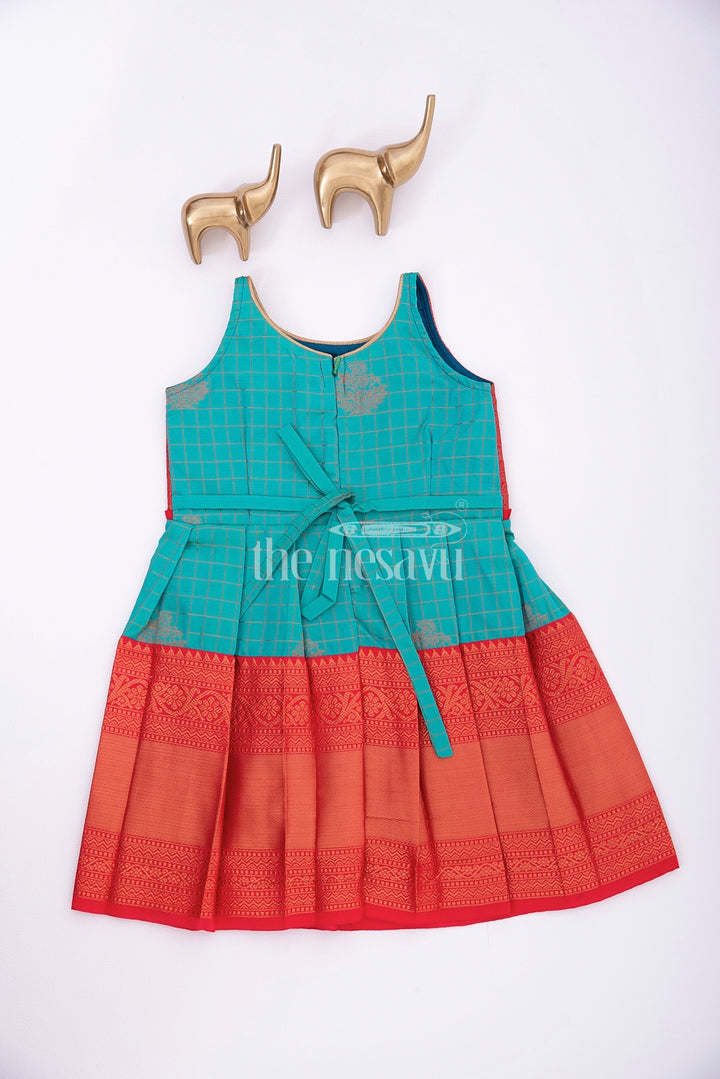 Graceful Beginnings: Red and Blue Pure Silk Frock for Girls