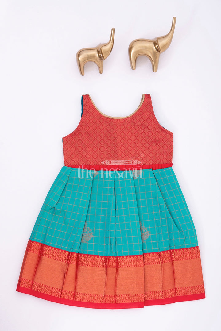 Graceful Beginnings: Red and Blue Pure Silk Frock for Girls