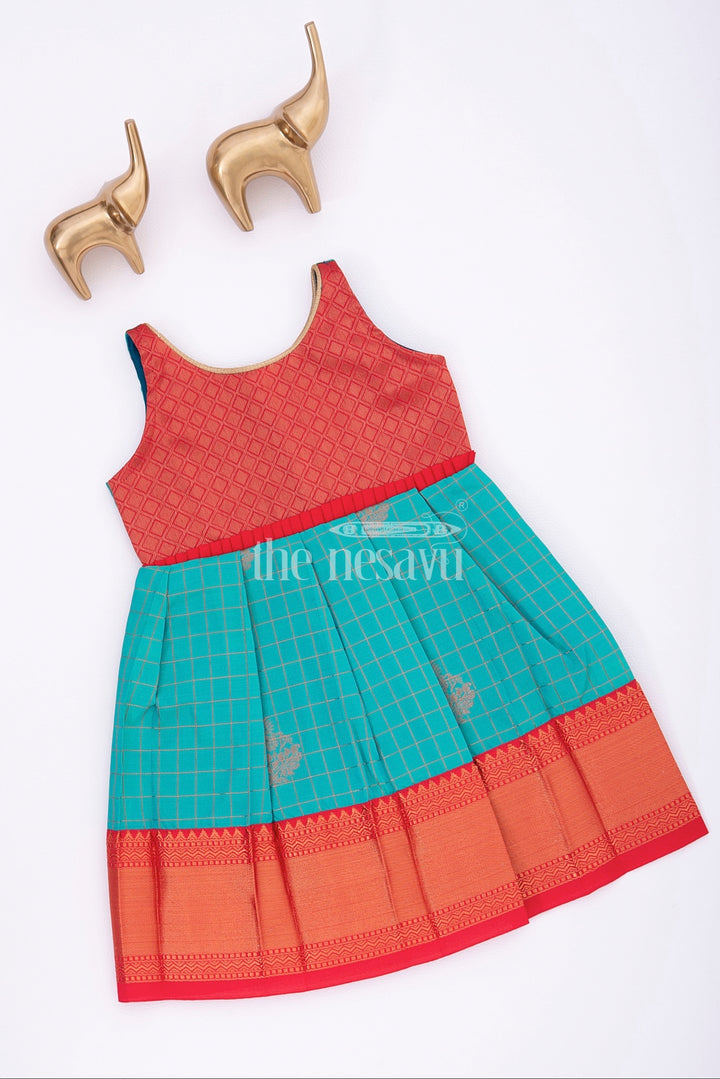 Graceful Beginnings: Red and Blue Pure Silk Frock for Girls