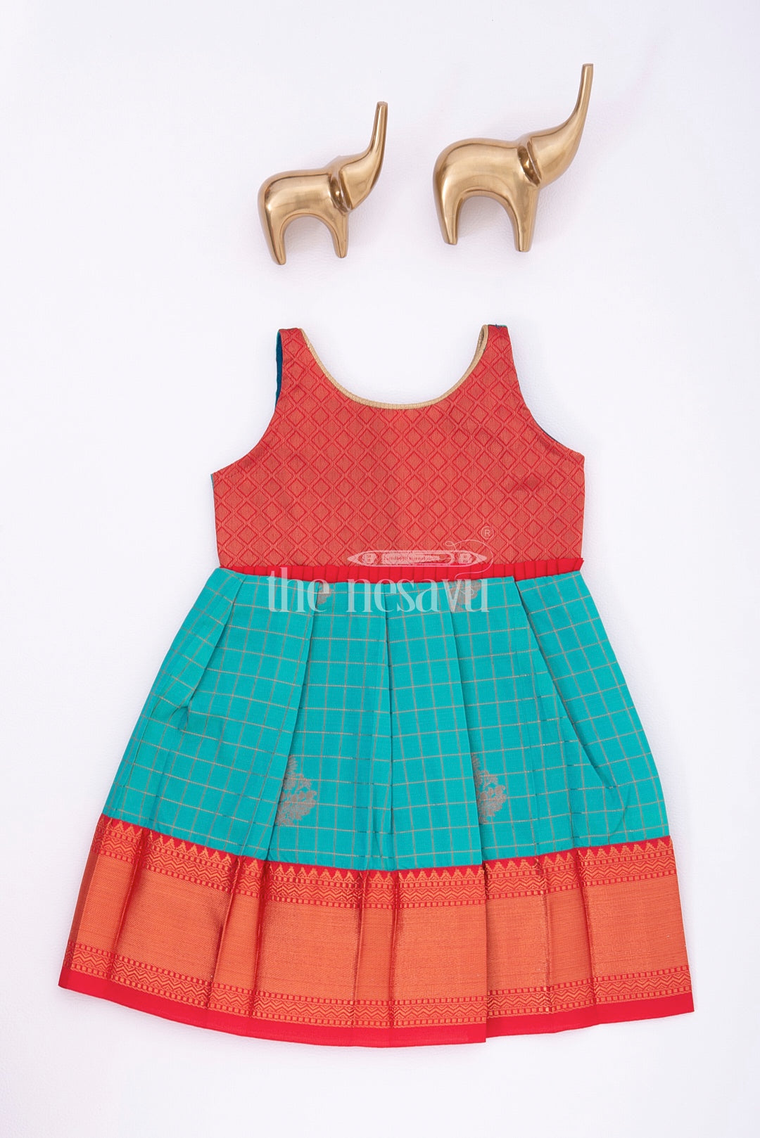 Graceful Beginnings: Red and Blue Pure Silk Frock for Girls