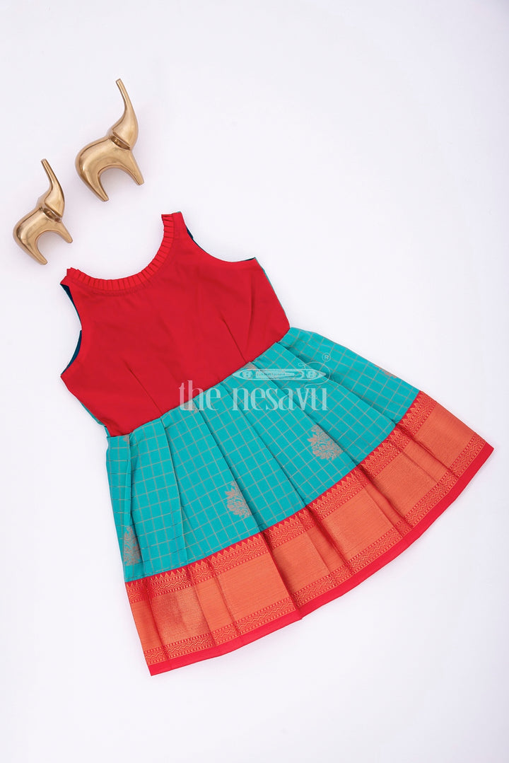 Graceful Beginnings: Red and Blue Pure Silk Frock for Girls