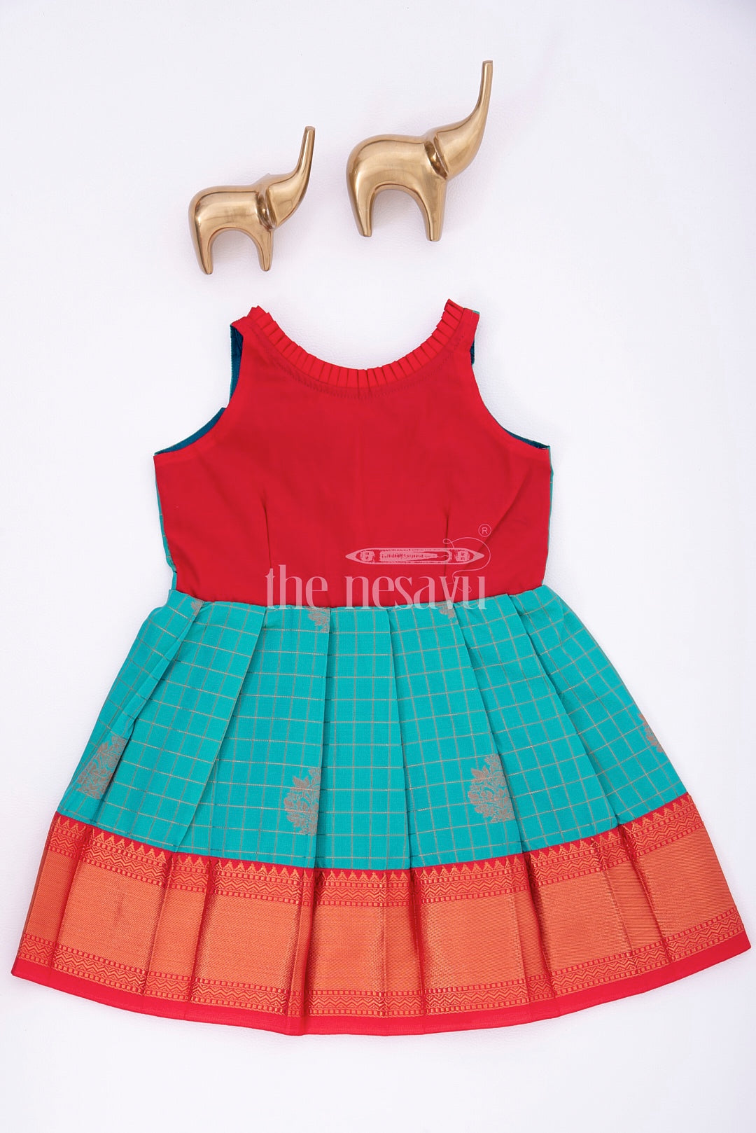 Graceful Beginnings: Red and Blue Pure Silk Frock for Girls