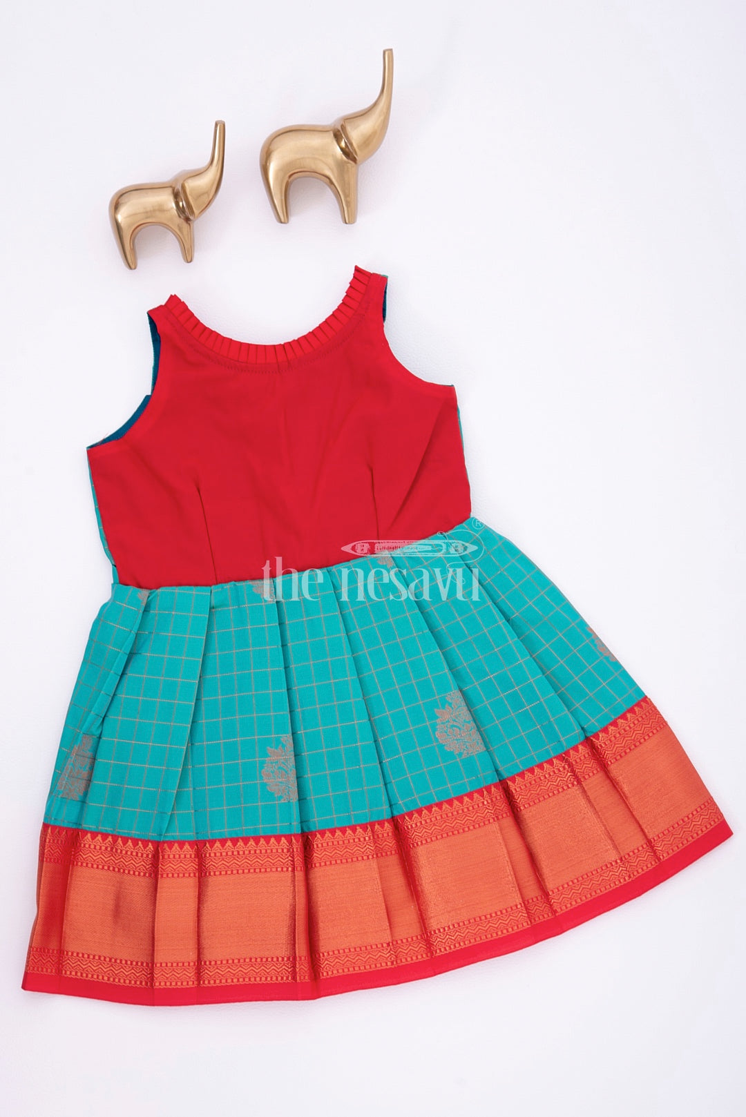 Graceful Beginnings: Red and Blue Pure Silk Frock for Girls