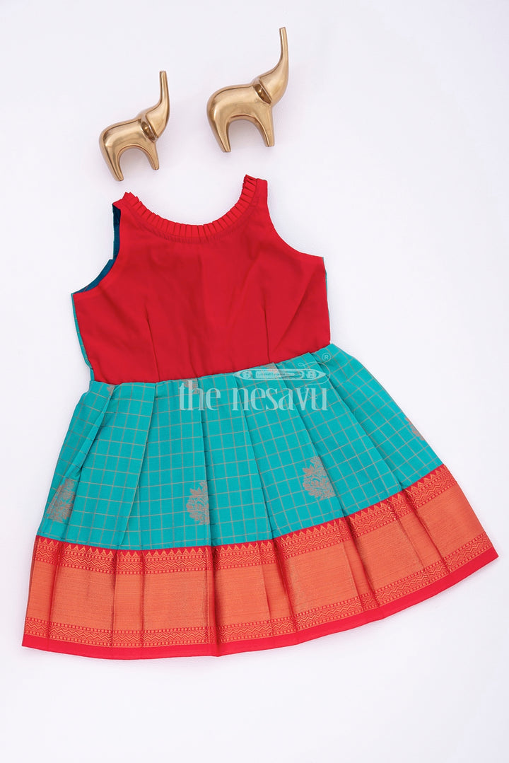 Graceful Beginnings: Red and Blue Pure Silk Frock for Girls