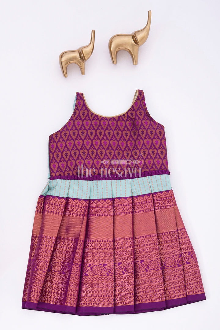 Graceful Beginnings in Pure Silk: Purple and Blue Traditional Frock for Girls