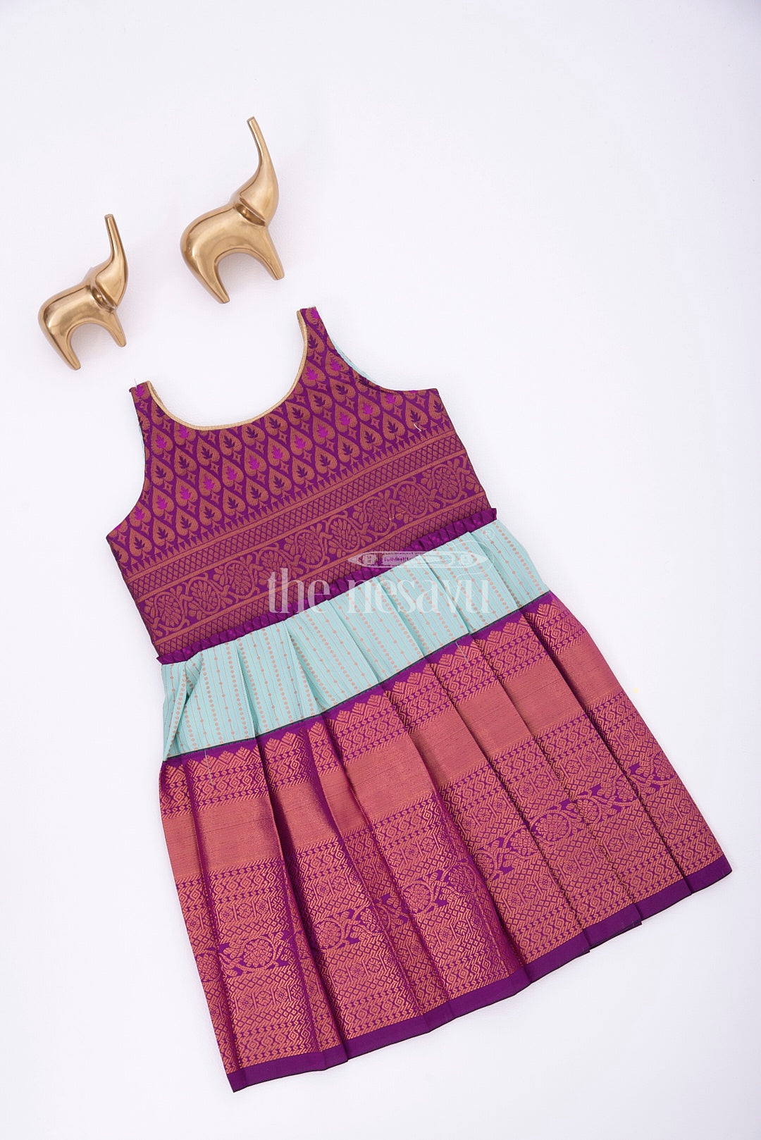 Graceful Beginnings in Pure Silk: Purple and Blue Traditional Frock for Girls