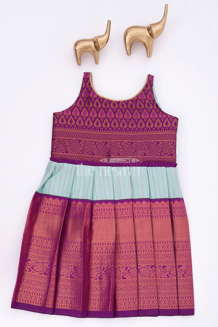 Graceful Beginnings in Pure Silk: Purple and Blue Traditional Frock for Girls